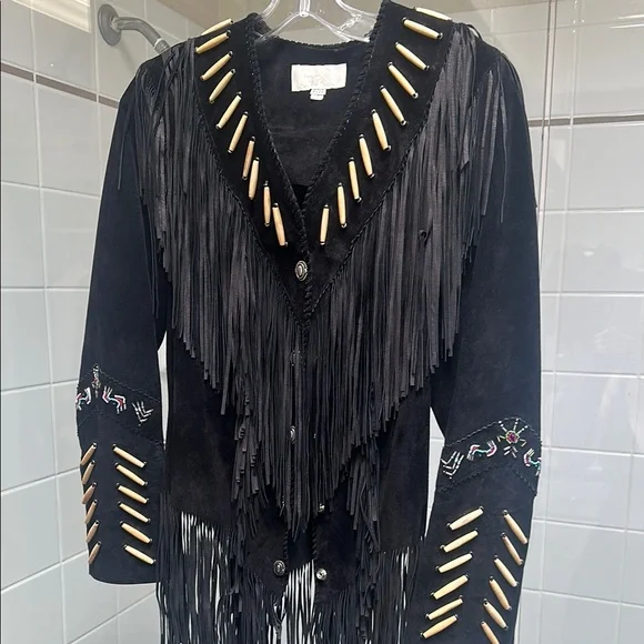 Vintage Cache Black Leather Jacket with Fringe, Bones and Beading - Picture 1 of 5
